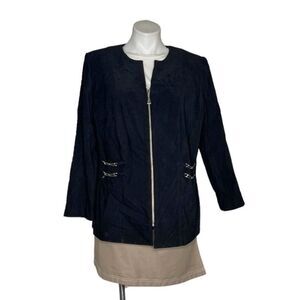 LORD & TAYLOR Black Jacket Zip Front Silver Hardware Size 16W VINTAGE Round Neck